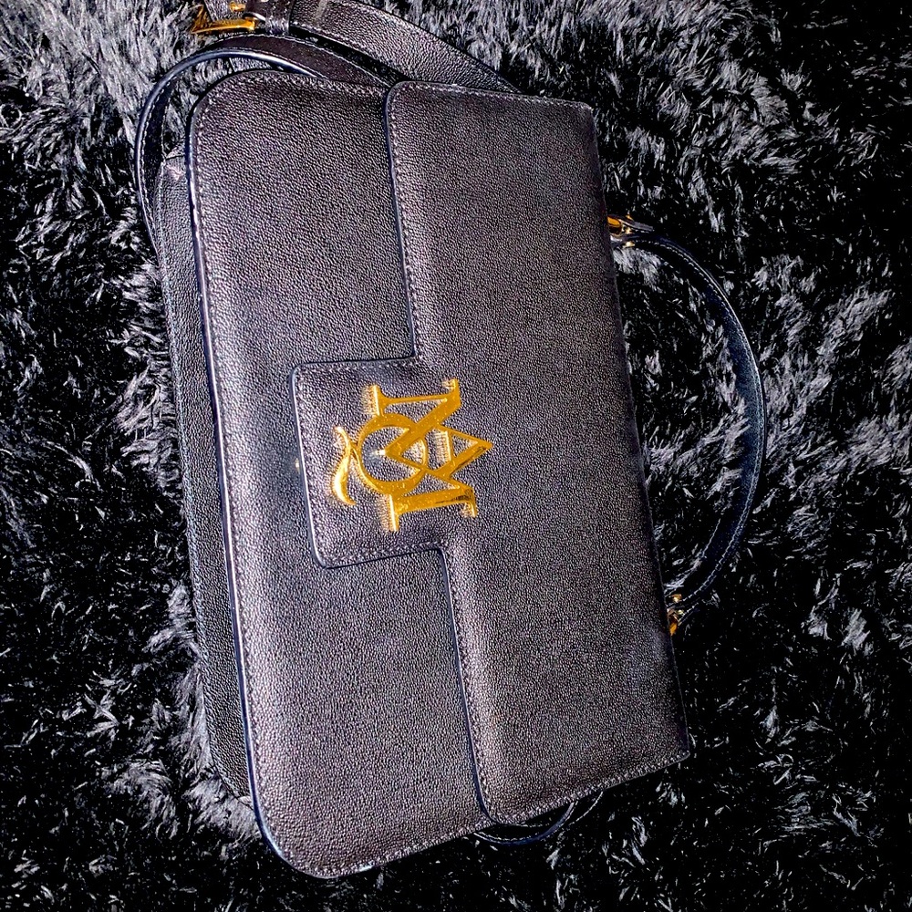McQ Alexander McQueen Insignia Purse Calfskin Crossbody Black Leather Satchel